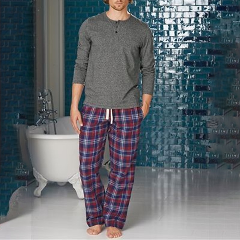 Homme Vêtements d'intérieur Vêtements de nuit Ensemble de pyjama Pyjama Haut et Pantalon 2 Pièces Plaid mode Décontractées Confort Intérieur du quotidien Mélange de Coton Confort Henley manche longue de 2025 ? $27.99 –P2