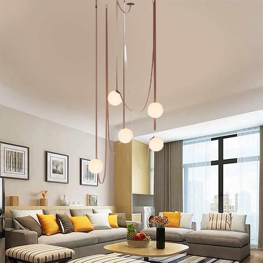 Lámpara colgante LED de 1/3/5/7 luces con diseño de racimo, lámpara de araña de cuerda de cáñamo con globo de cristal, lámpara colgante moderna de color negro y rosa, lámpara colgante de montaje 2025 - $229.99 –P7