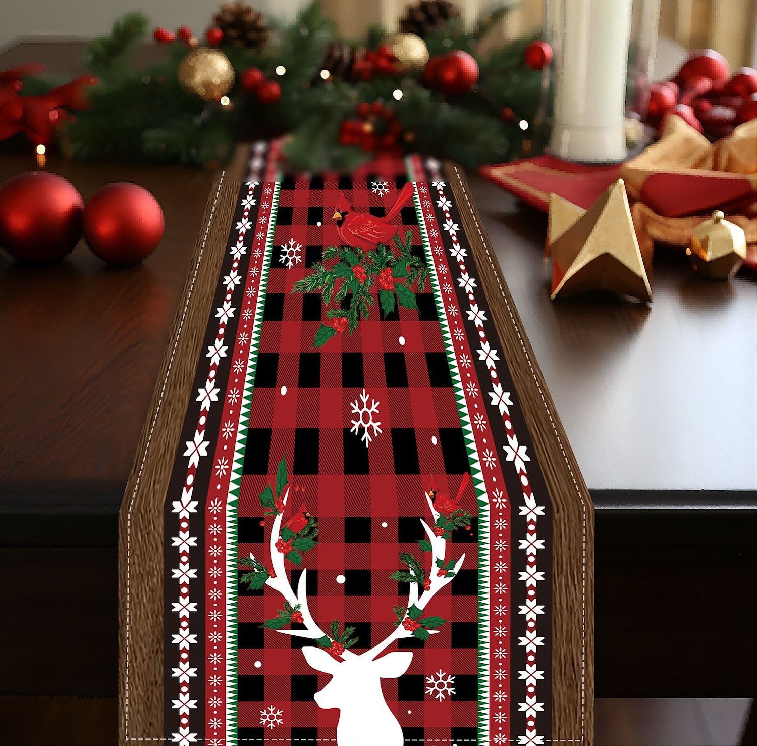 corredor de mesa vermelho, decoração de mesa sazonal em estilo fazenda de férias de inverno de 2025 por $2.49 –P6