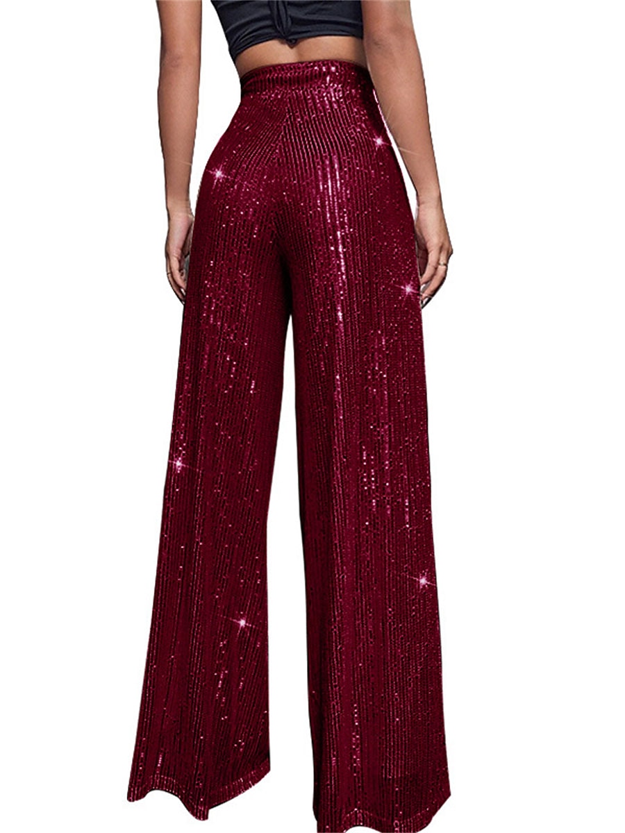 Women's Wide Leg Pants Trousers Sparkly Pants Elegant Fashion Sparkle Full Length High Waist Plain Sequins Comfy Micro-elastic Club Party Street Blue claret M beige Pink gold Summer Spring Regular Fit 2026 - $17.99 –P24