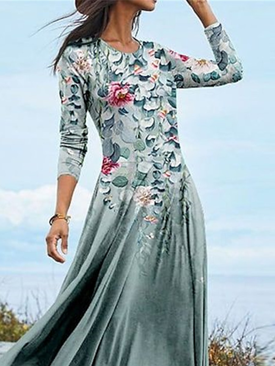 Women's Midi Dress A Line Dress Casual Dress Winter Dress Swing Dress Fashion Streetwear Mature Formal Outdoor Vacation Regular Fit Floral Long Sleeve Crew Neck Blue Green Fall Winter 2025 - $36.99 –P1