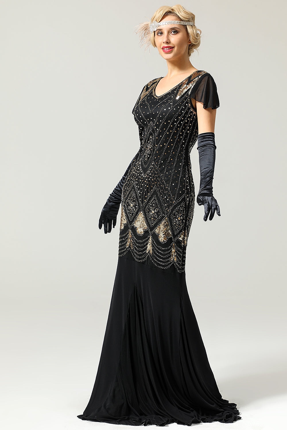 Goldene Zwanziger 1920er Bodenlang Kleid Abendkleid Weihnachtsfeier Kleid Kurze Ärmel Der große Gatsby Hochzeitsgast Pailletten V Ausschnitt Kostüm Damen Karneval Maskerade Abschlussball 2026 - $53.99 –P2