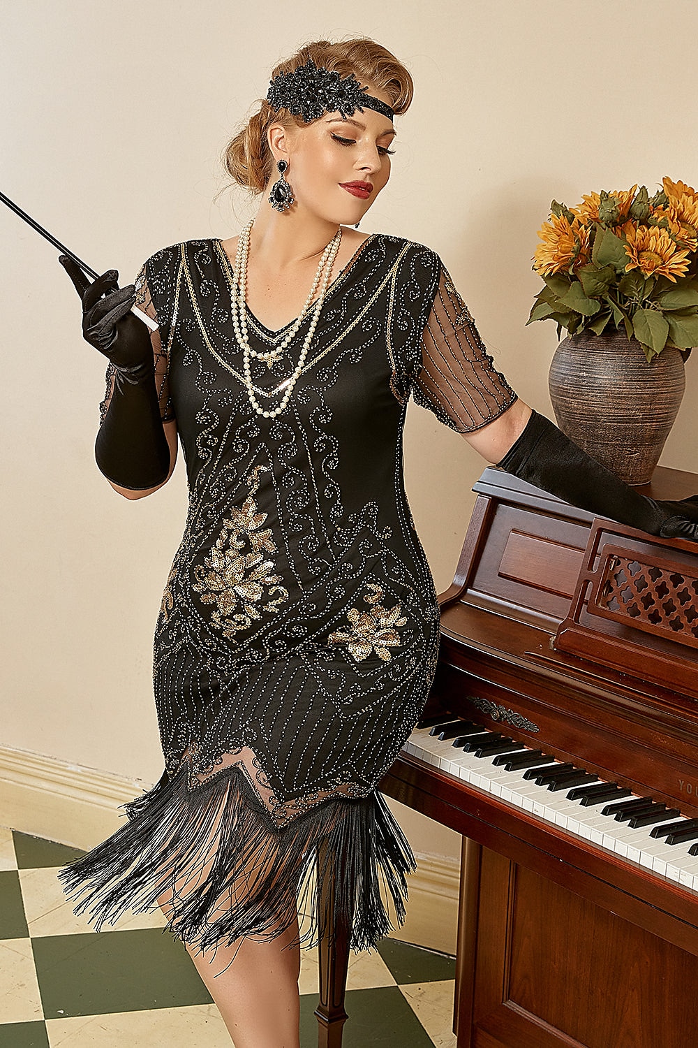 szett midi flapper ruha ujj hullám paróka fejpánt hosszú opera kesztyű nyaklánc cigarettatartó női ordító 20-as évek 1920-as évek flapper lány koktél maszk ruhák a nagyszerű gatsby jelmez 2025 - $63.99 –P4