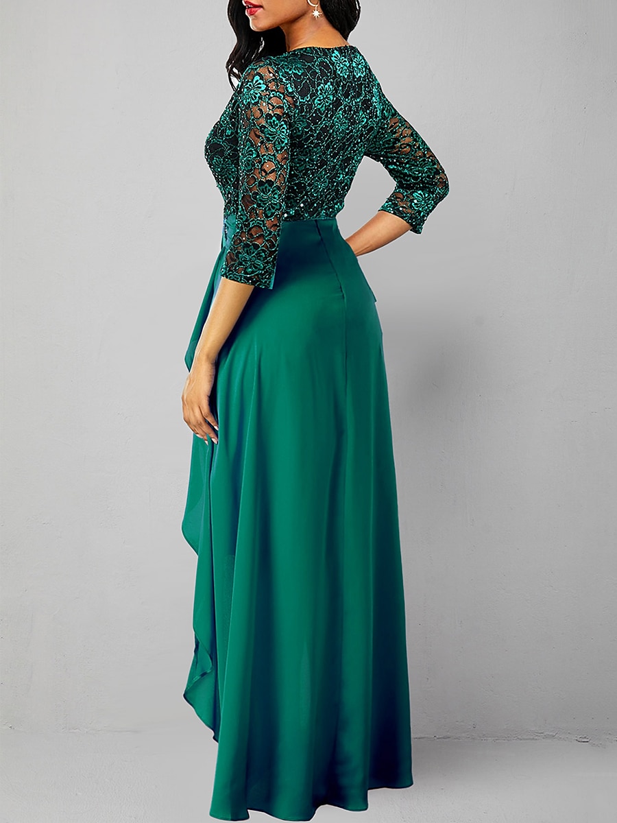 Women's 2 Pieces Lace Dress Maxi Party Dress Green Lace 3/4 Length Sleeve Lace Spring Fall Winter V Neck Wedding Guest Evening Party Vacation 2023 - AED 209 –P3