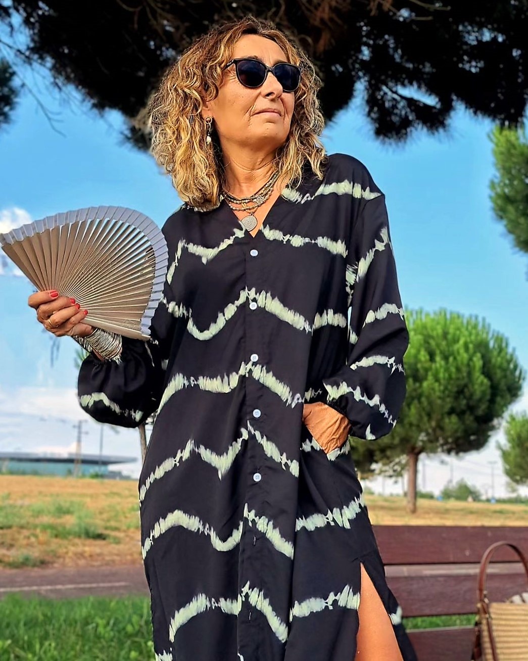kvinners geometriske stripe knapp splitt v-hals maxi lang kjole daglig ferie langermet sommer våren 2025 - $51.99 –P20