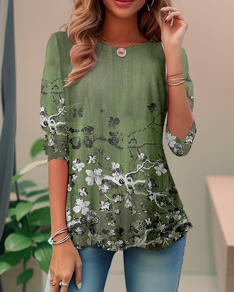 Femme T shirt Tee Floral Noir Rose Claire Rouge Imprimer manche longue Vacances Fin de semaine Mode Col Rond Standard Printemps & Automne de 2025 ? $19.99 –P1