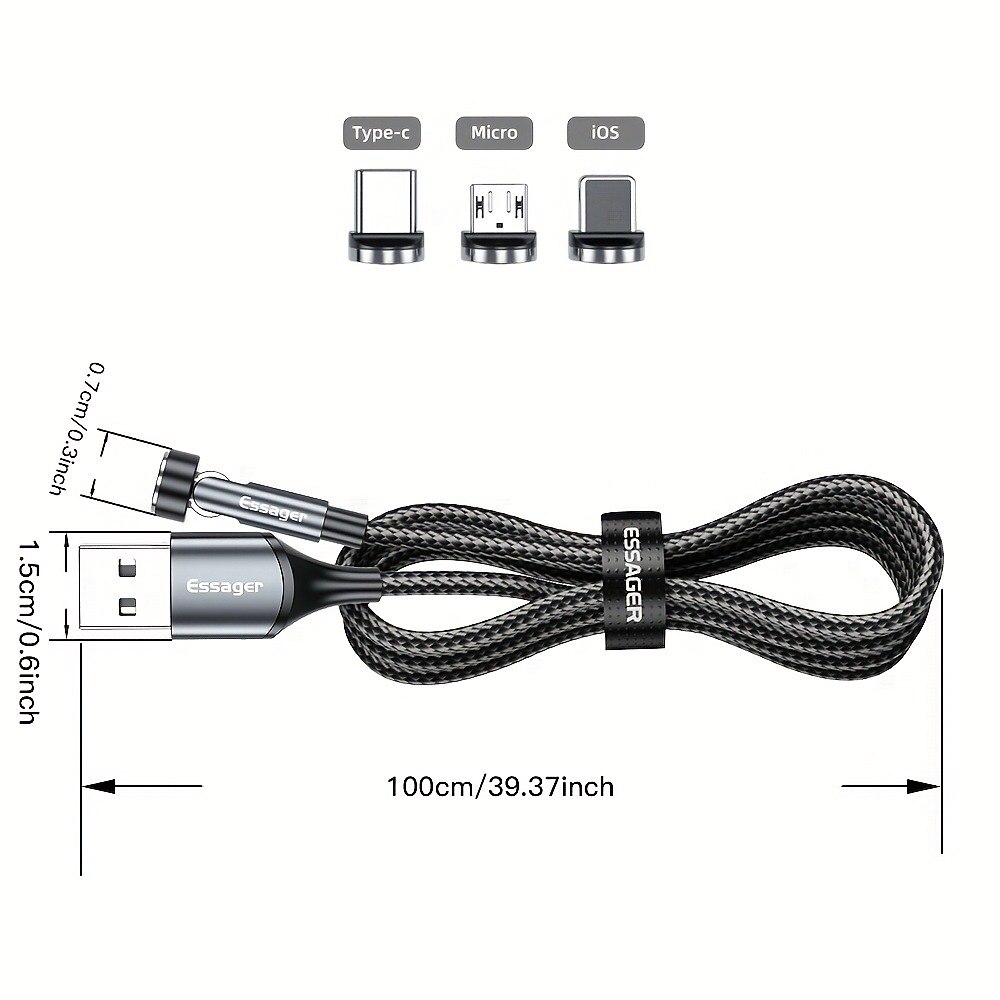 Essager Magnetic Charging Cable 540 Rotating Magnetic Phone Charger Nylon Braided Magnetic USB Cable For Phone Samsung Xiaomi Fast Charger Cord Phone Data Wire 3 In1 2025 - $15.99 –P2