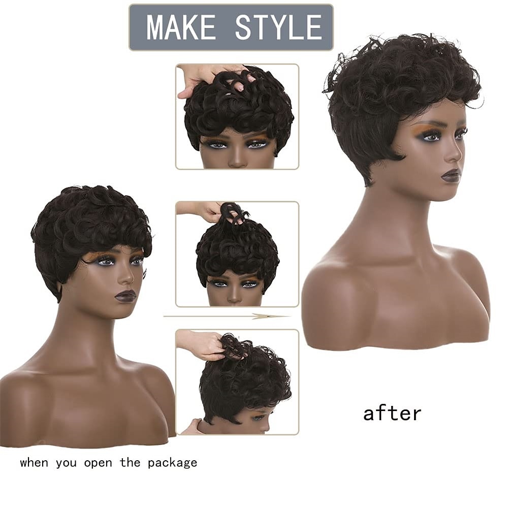 Dark Brown Short Pixie Cut Wigs for Black Women Curly Hair Replacement Short Black Layered Wavy Pixie Wigs With Bangs For Black Women 2025 - $20.99 –P2