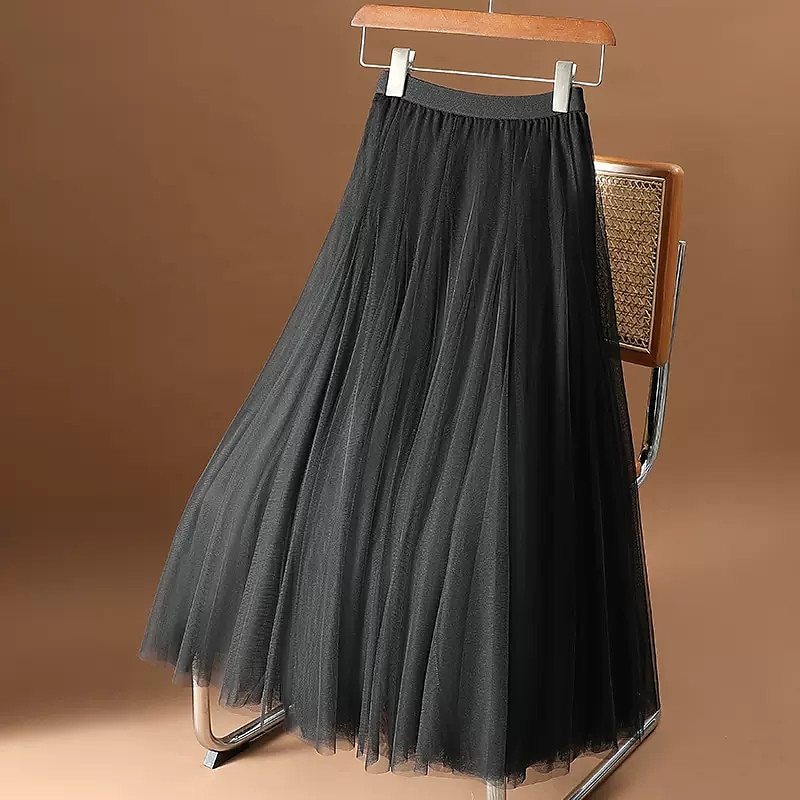 jupe femme jupe midi évasée froncée superposée couleur unie rendez-vous quotidien printemps, automne, hiver, été élégante longue abricot noir blanc rose de 2025 ? $31.99 –P13