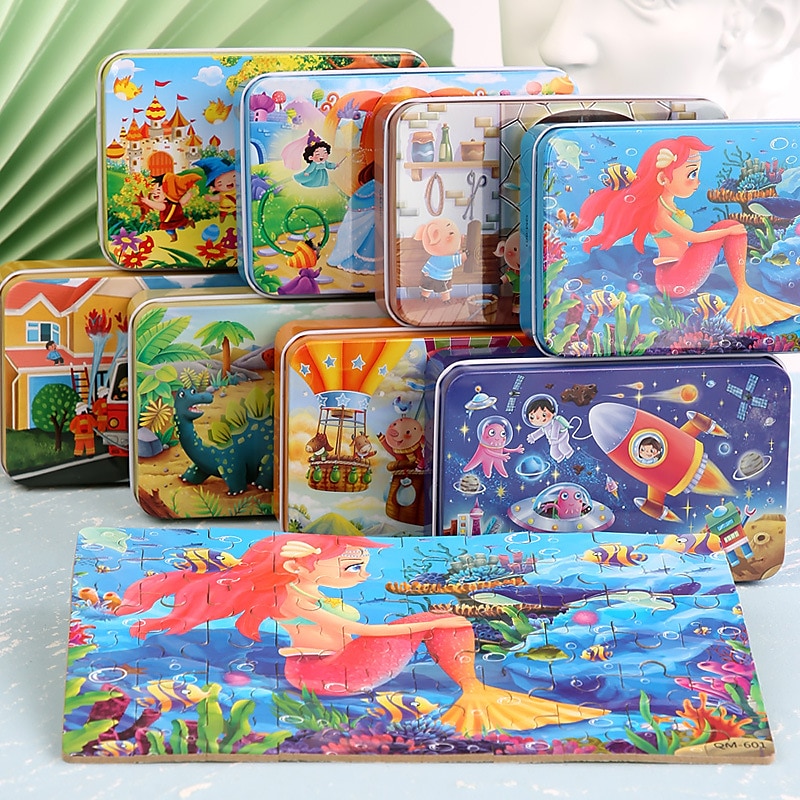 drewniane puzzle puzzle dla dzieci 60 sztuk żelaznego pudełka puzzle dla przedszkola wczesna edukacja drewniane zabawki 2025 - $27.99 –P3