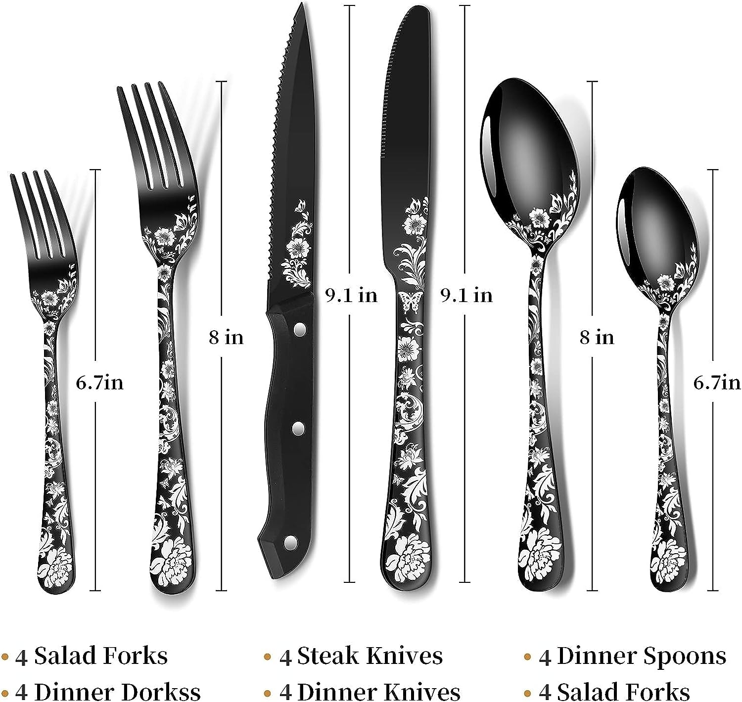 24 Piece Silverware Set with Steak Knives, Stainless Steel Flatware Set,  Cutlery Set Service for 4, Mirror Polished Utensils Set, Forks and Spoons