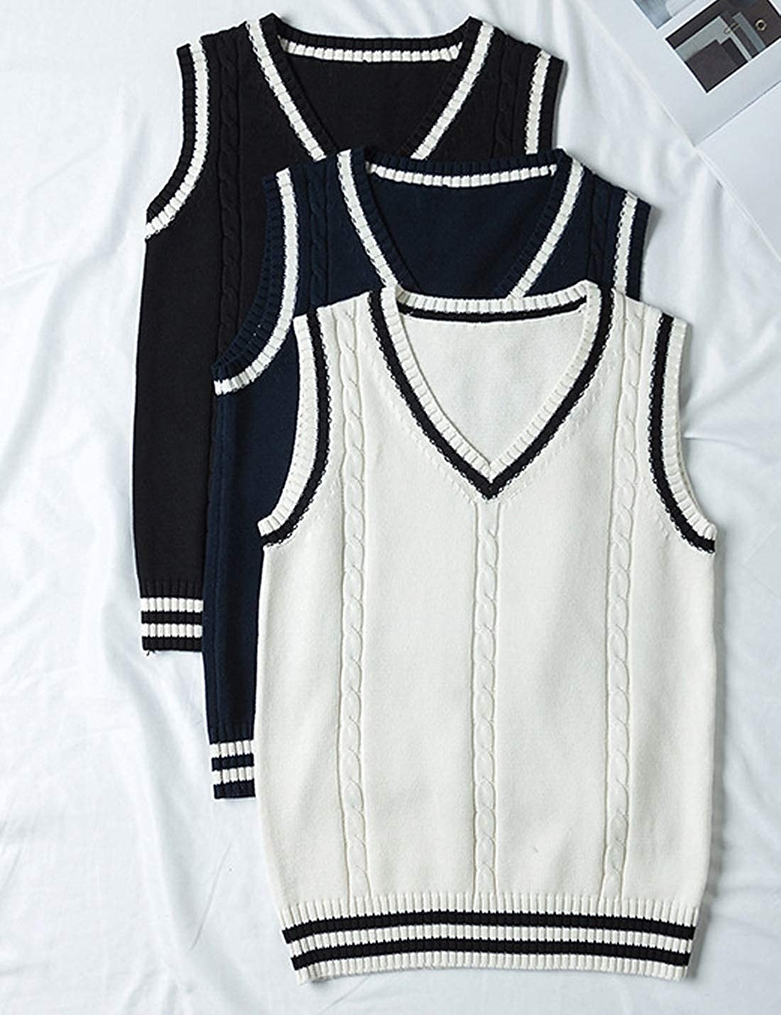 Women's Sweater Vest Pullover Sweater Jumper V Neck Ribbed Knit Acrylic Stripe Lantern Sleeve Summer Spring Fall Regular Home Daily Stylish Casual Soft Long Sleeve Geometric Color Block Black White 2023 - US $25.99 –P1