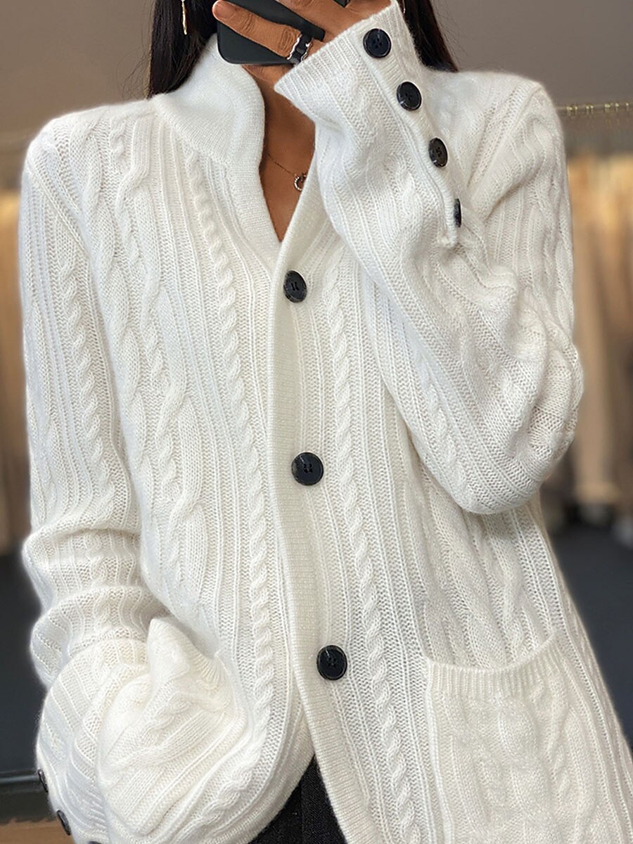 Women's Cardigan Sweater V Neck Cable Knit Polyester Button Pocket Fall Winter Short Daily Going out Weekend Stylish Casual Soft Long Sleeve Solid Color White Camel Brown S M L 2023 - US $28.99 –P1