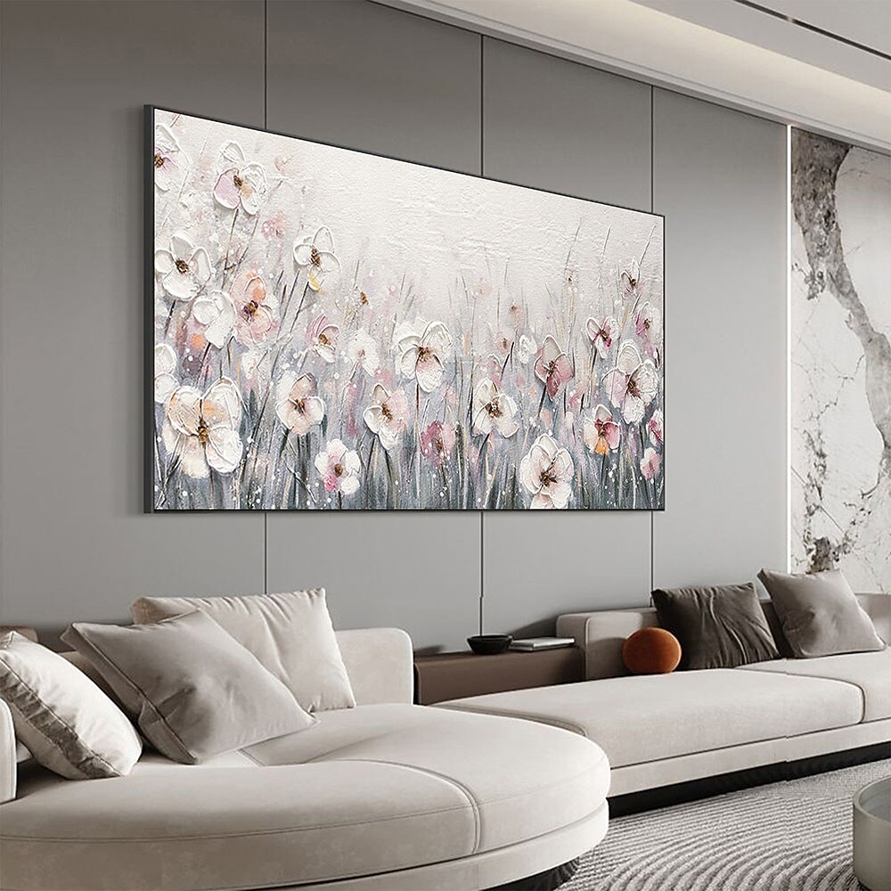 Handgefertigtes handgemaltes Ölgemälde an der Wand, abstraktes Ölgemälde mit weißen blühenden Blumen auf Leinwand, originales goldenes Blumen-Acrylgemälde, modernes großes Wandkunst-Dekor, gerollte 2025 - $77.99 –P5