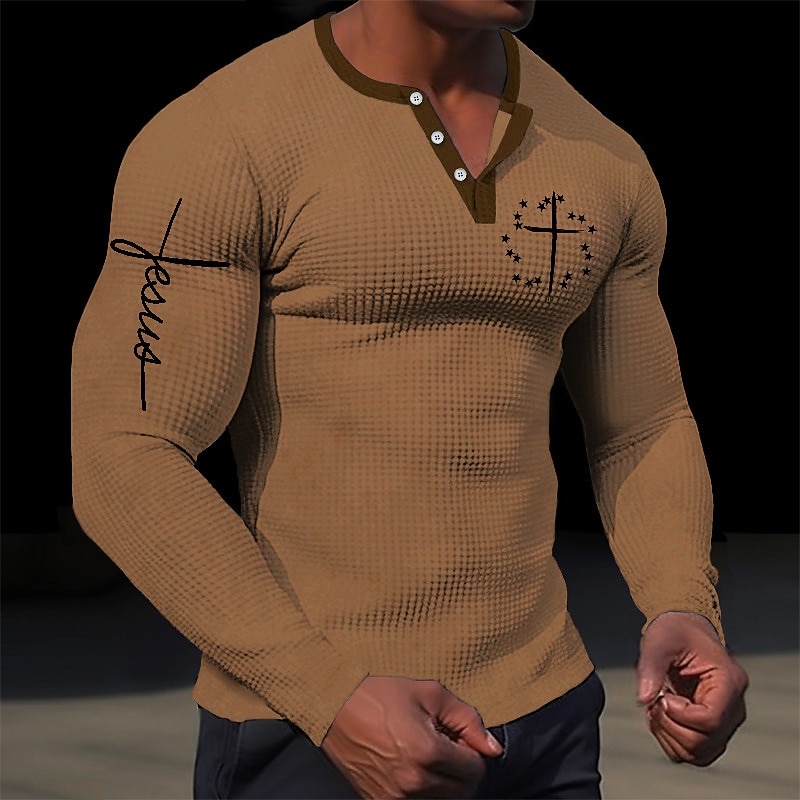 Férfi Grafika Križ Jézus Henley ing Gofris póló Hosszú ujj 3D nyomtatás Dizájn Egyszerű Alkalmi Szabadtéri sport Szabadság Fesztivál Tavasz & Ősz Fekete Fehér Barna Lóhere Henley Henley póló 2025 - $23.99 –P2