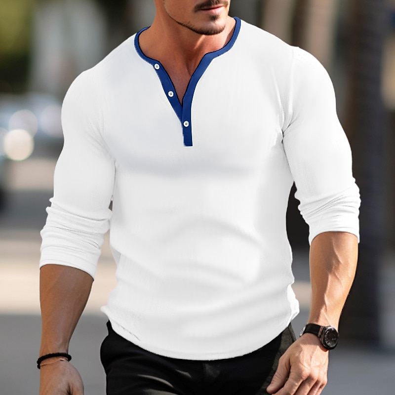 Herren T Shirt Henley Hemd T-Shirt Langarmshirt Langarm Henley Frühling & Herbst Einfach Grubenstreifen Mode Designer Basic Urlaub Straße Ausgehen Weiß Blau Braun Top T-Shirt für Herren 2025 - $18.99 –P2