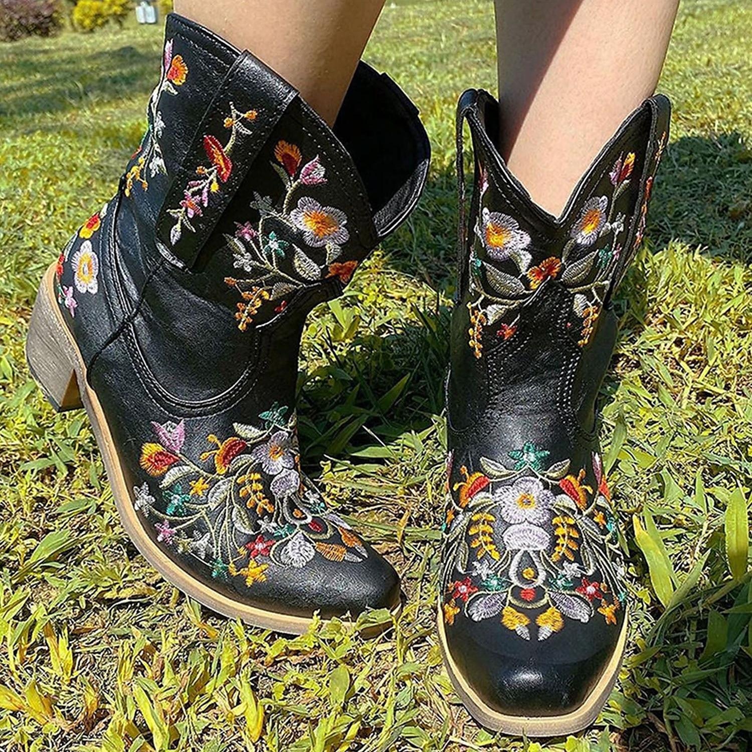 Women's Vintage Western Cowboy Boots – Floral Embroidered Faux Leather Ankle Boots for Casual and Festival Wear 2025 - $64.99 –P9