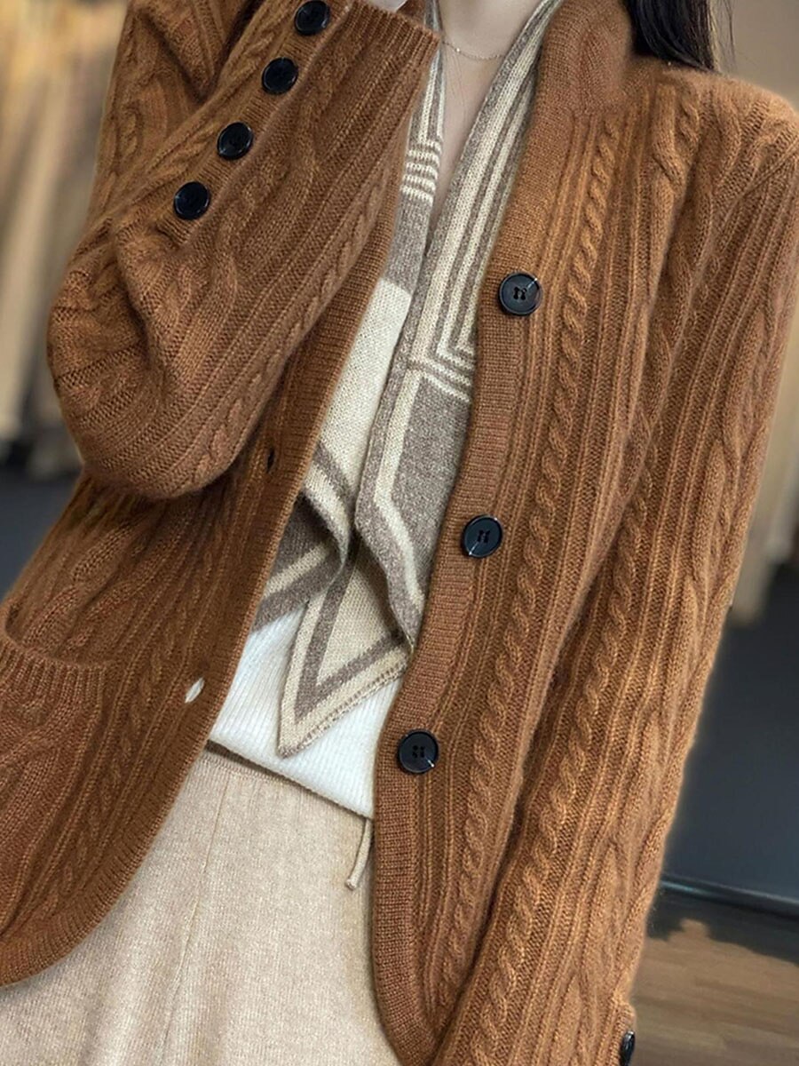 Women's Cardigan Sweater Stand Collar Cable Knit Rayon Button Pocket Fall Winter Outdoor Daily Going out Stylish Casual Soft Long Sleeve Solid Color White Brown Beige S M L 2023 - US $35.99 –P8