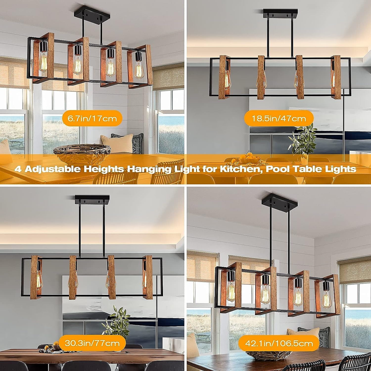 Kitchen Island Lighting, 4 - Light Dining Room Farmhouse Pendant Light, Black Modern Pendant Light, Pool Table Lamp, Wood and Matte Black Metal Finish (4 Heads, Wood) 110-240V 2025 - $249.39 –P6