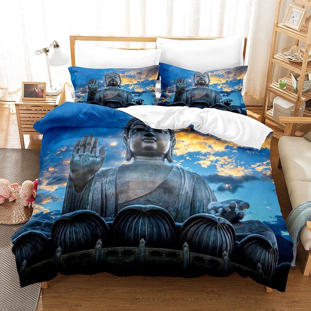 buddha mønstertrykk dynetrekk sengetøy sett dynetrekk med 1 trykktrykk dynetrekk eller trekk，2 putevar for dobbel/dronning/konge 2025 - $45.99 –P6