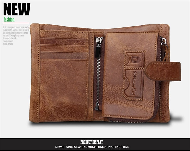 Genuine Cow Leather Splicing Short Wallet Coins Purse Money Clip Card Holder Detachable Zipper Pocket Clutch Handbag Oil Wax Leather Notecase 2025 - $27.99 –P5