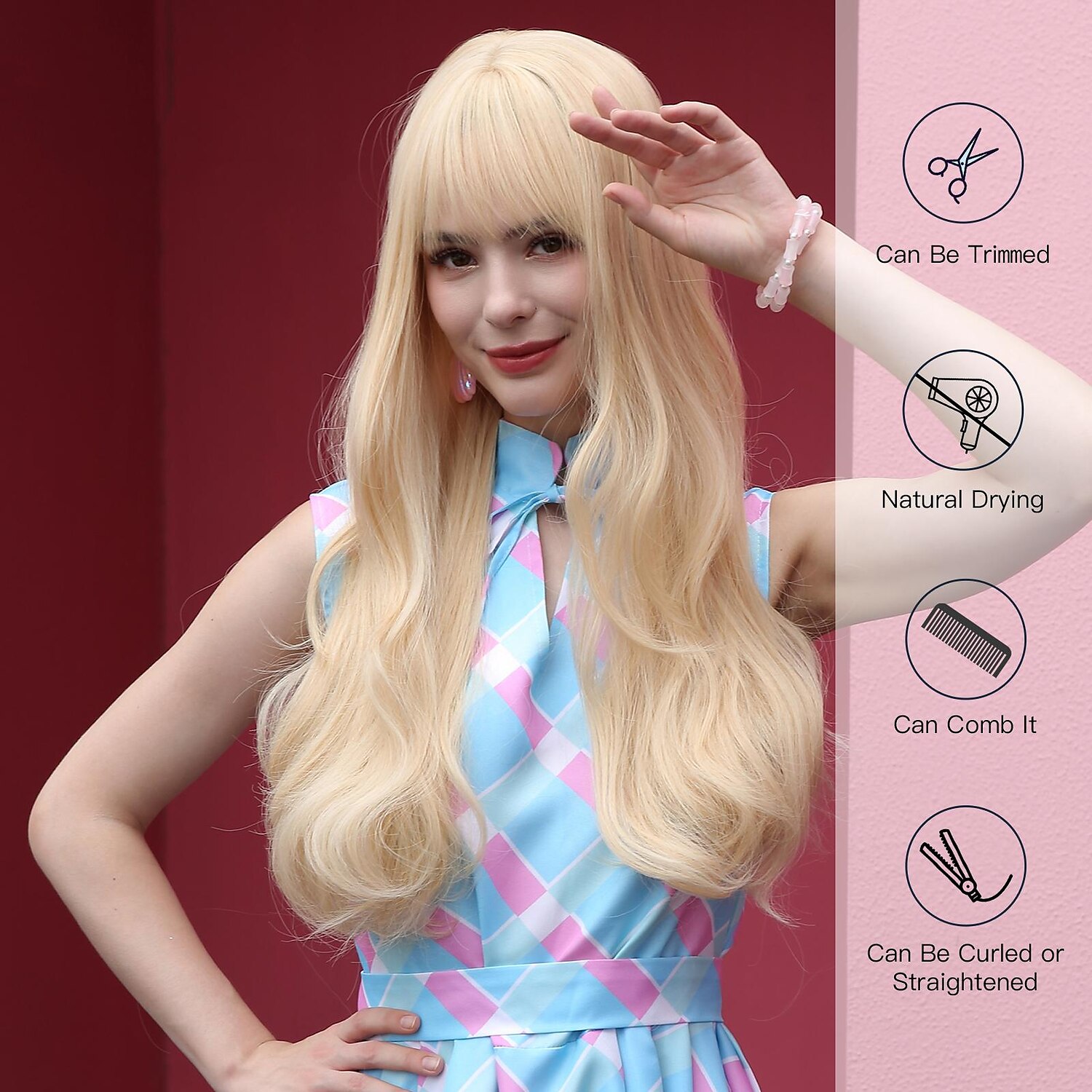 24 inch synthetische pruik damespruik blond lang golvend haar met pony mode dagelijks feest cosplay 2025 - $24.99 –P9