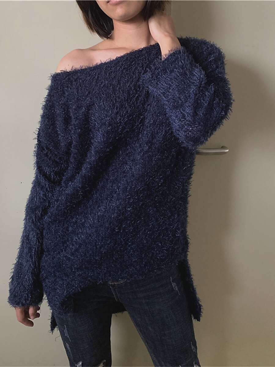 Dame Pullover genser Stilfull Fritid Myk Helfarge Riflet Enskuldret Kald skulder Langermet Kort Strikke Daglig Ut på byen Helg Rosa Navyblå Høst Vinter 2025 - $27.99 –P3