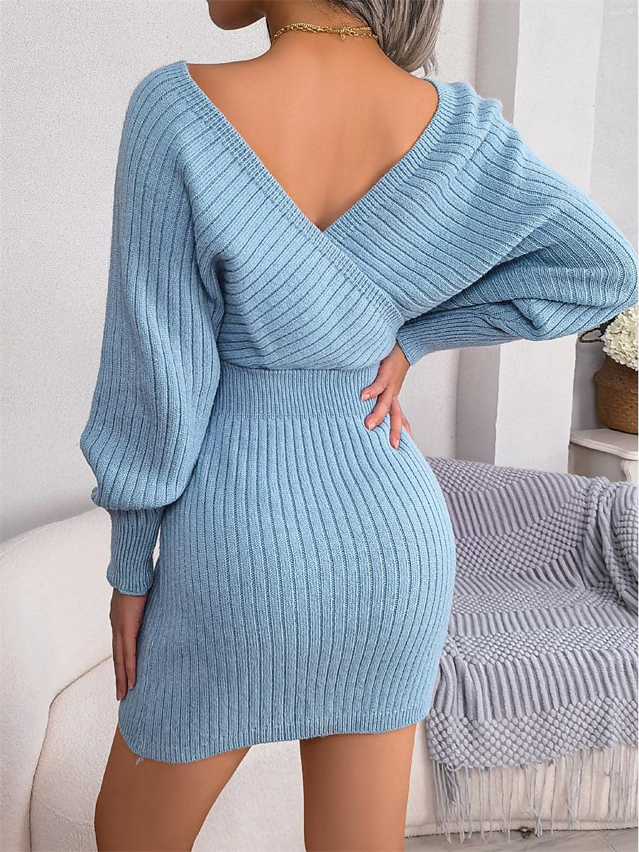 Women's Sweater Dress Jumper Dress Casual Dress Mini Dress Warm Pure Color Outdoor Casual Daily Going out Surplice Neck Long Sleeve Ruched 2023 Regular Fit Black White Blue S M L 2023 - US $27.99 –P9