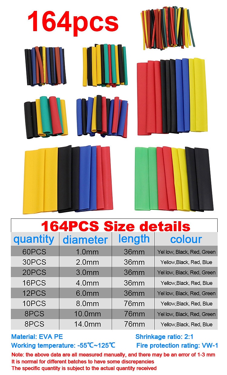 164/560pcs Shrinking Heat Shrink Tubing 2:1 Polyolefin Tube Sleeve Wrap Wire Set Multicolor 2025 - $9.99 –P3