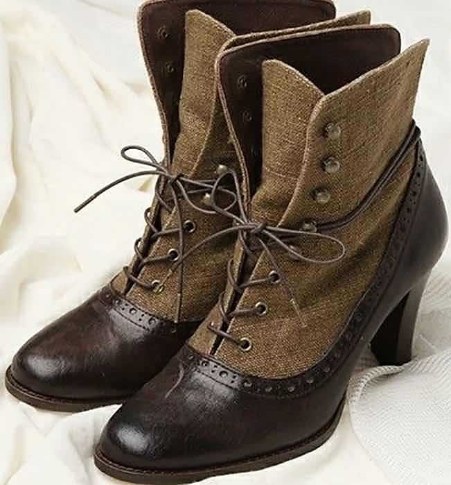 damskie wiktoriańskie sznurowane botki z detalami w stylu vintage brogs – buty na wysokim obcasie ze sztucznej skóry i materiału w stylu retro 2025 - $59.99 –P3