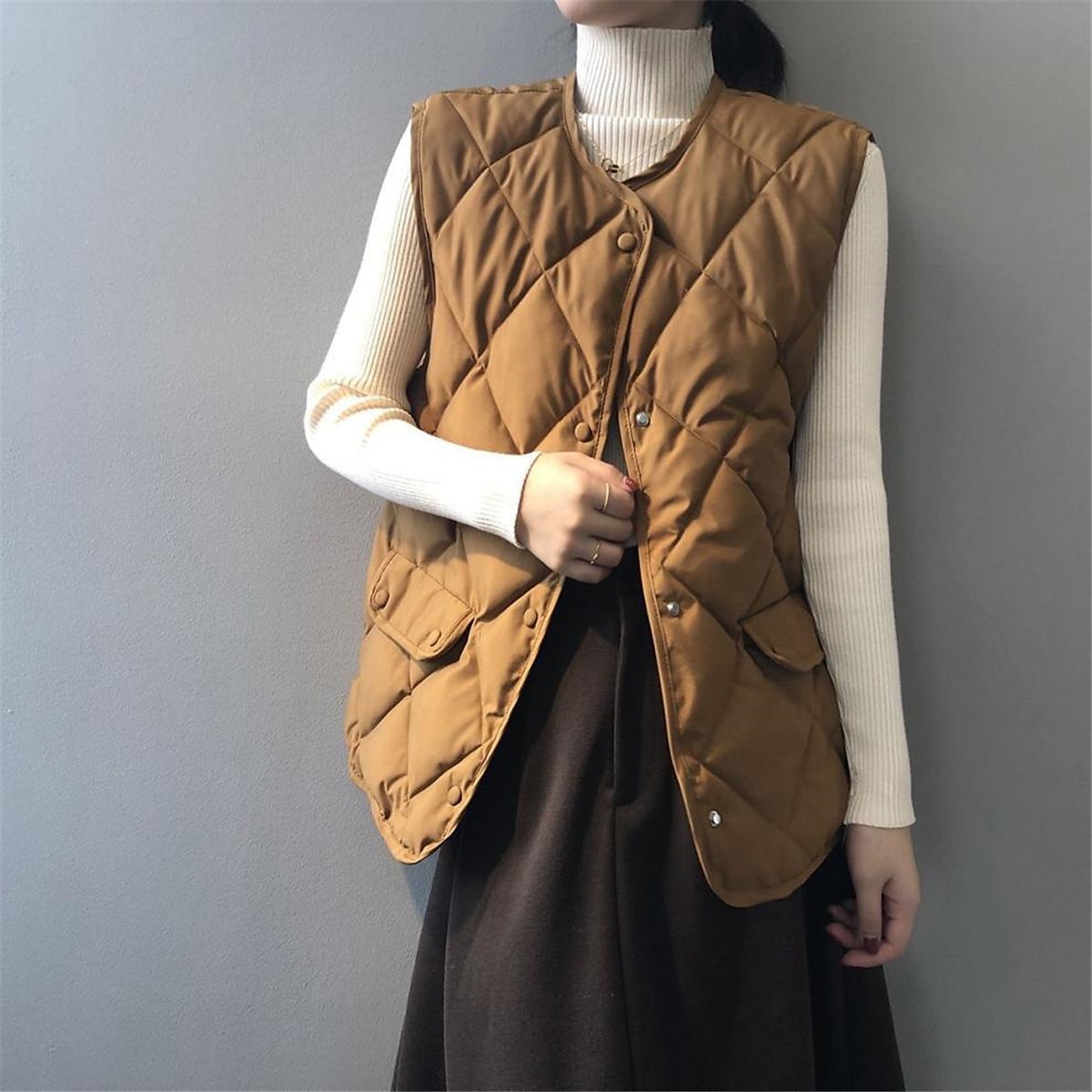 Women's Quilted Vest Winter Coat Warm Windproof Gilet with Pocket Single Breasted Sleeveless Parka Casual Plain Outerwear Fall Black Yellow Beige Lightweight 2023 - US $26.99 –P3