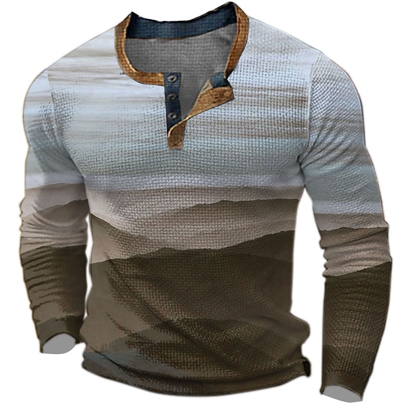 the Mountains mens graphic camicia color block fashion designer casual 3d print henley waffle tee sports outdoor holiday festival blu viola marrone lungo del 2026 a $24.99 –P1