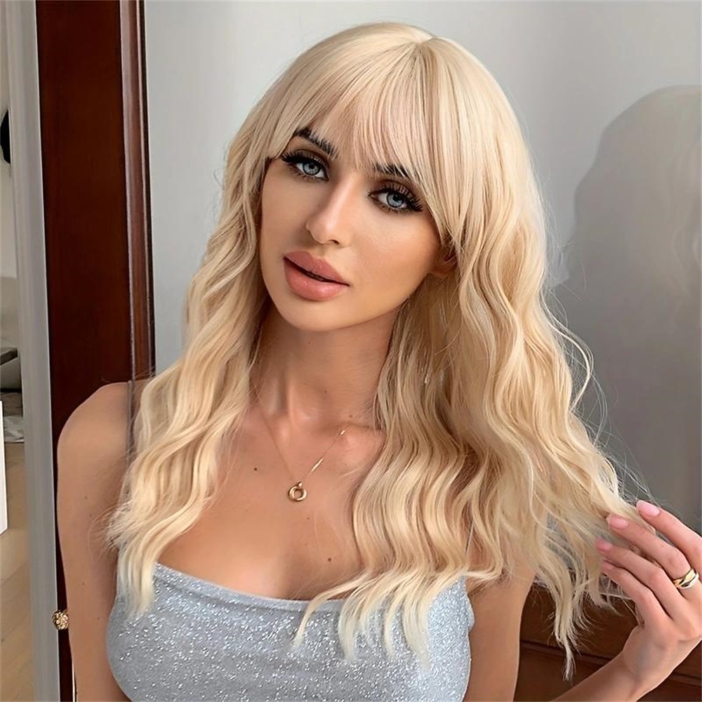 22 tum lång blond peruk för kvinnor med lugg vågigt lockigt syntetiskt hår naturligt utseende värmebeständig fiber för julfest peruker 2026 - $21.99 –P2
