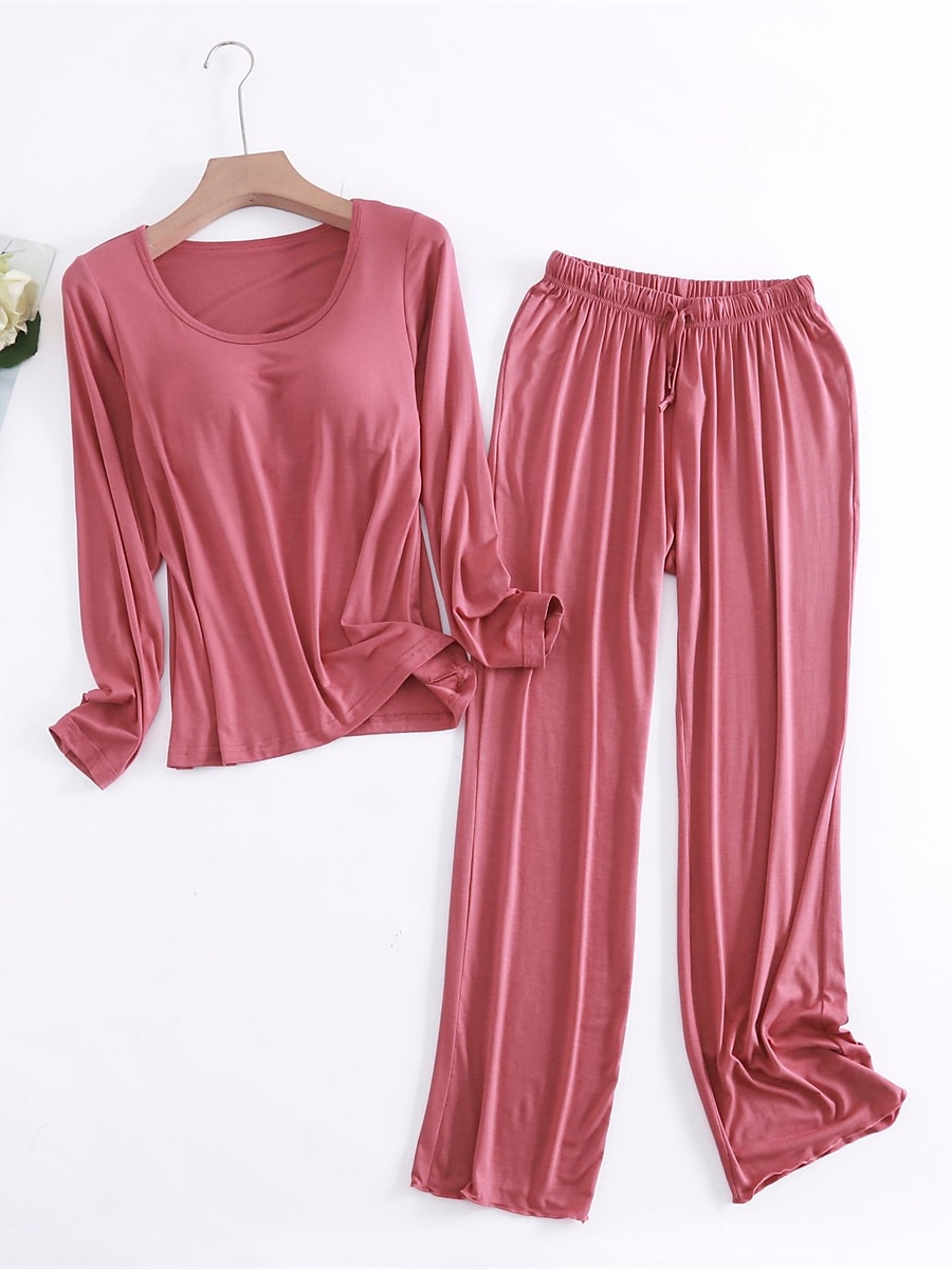 pyjamassett for kvinner ren farge tilfeldig komfort hjemmeseng modal pustende rundhals langermet skjortebukse høst vinter hjemmeantrekk 2025 - $31.99 –P18