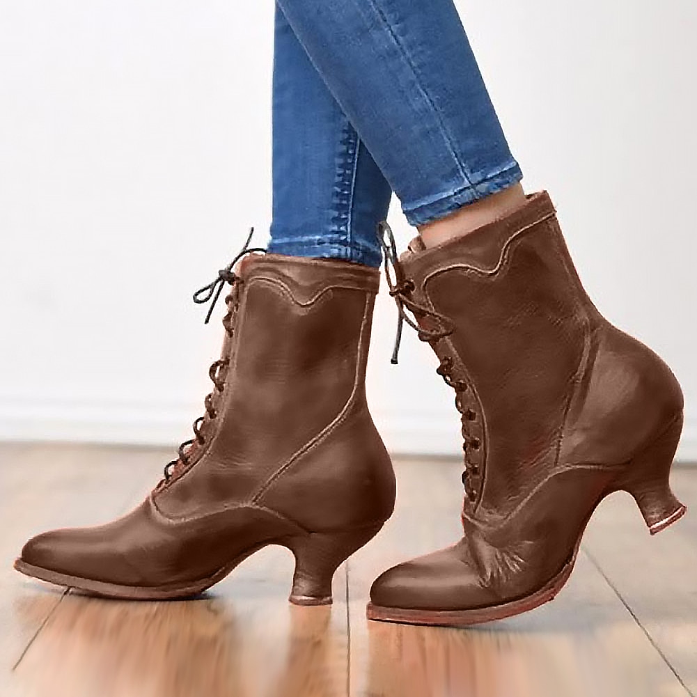 Women's Black Vintage Lace-Up Ankle Boots - Retro Faux Leather Victorian-Style Shoes for Cosplay, Reenactments, and Special Occasions 2025 - $54.99 –P4