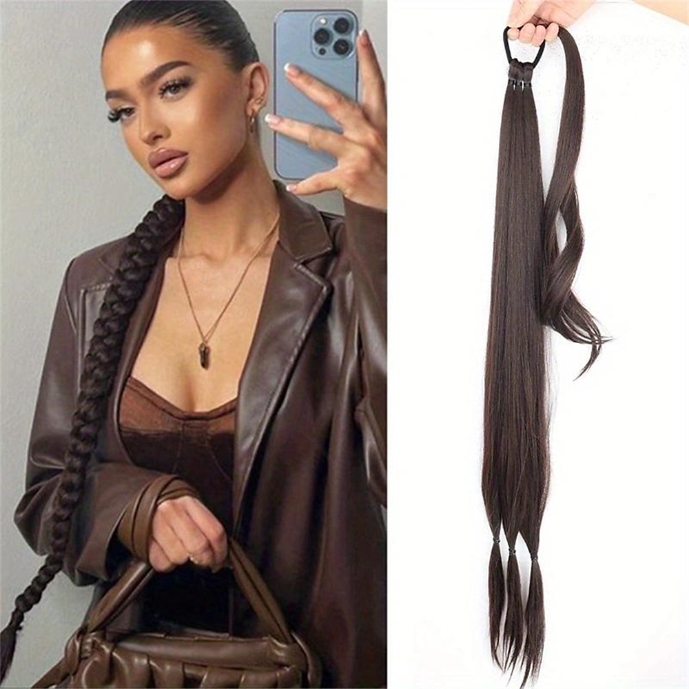 dlouhý spletený prodlužovací culík s elastickou sponkou do vlasů rovná elegantní ovinutí kolem copu prodlužování vlasů culík, diy přírodní měkký syntetický vlasový kousek pro ženy na denní nošení 2025 - $10.99 –P8