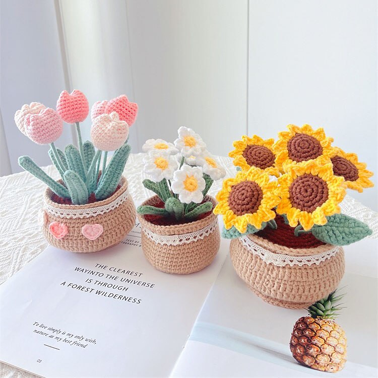 Handmade DIY Tulip Flowers Plant Potted Crochet Knitting Kit for