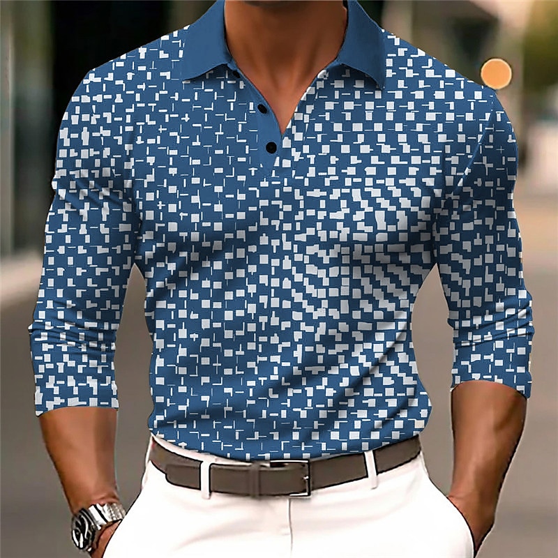 Men's Geometric Polo Shirts Golf Shirt Long Sleeve Polo Shirts Collared Shirts Business Casual WorkWear Formal Wear Festival Wear Buttons 3D Print Fall & Winter White Blue Brown 2025 - $23.99 –P3
