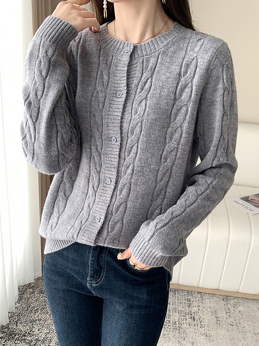 Women's Cardigan Sweater Jacket Crew Neck Cable Knit Polyester Button Knitted Fall Winter Regular Outdoor Daily Going out Fashion Streetwear Casual Long Sleeve Solid Color off white Black Camel S M L 2023 - US $28.99 –P3