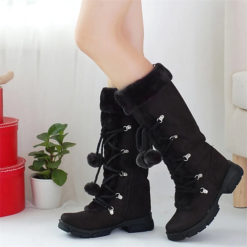 bottes d'hiver noires à lacets pour femmes avec bordure en fausse fourrure, détails à pompons et semelle antidérapante robuste pour la neige et le froid en extérieur de 2025 ? $69.99 –P6