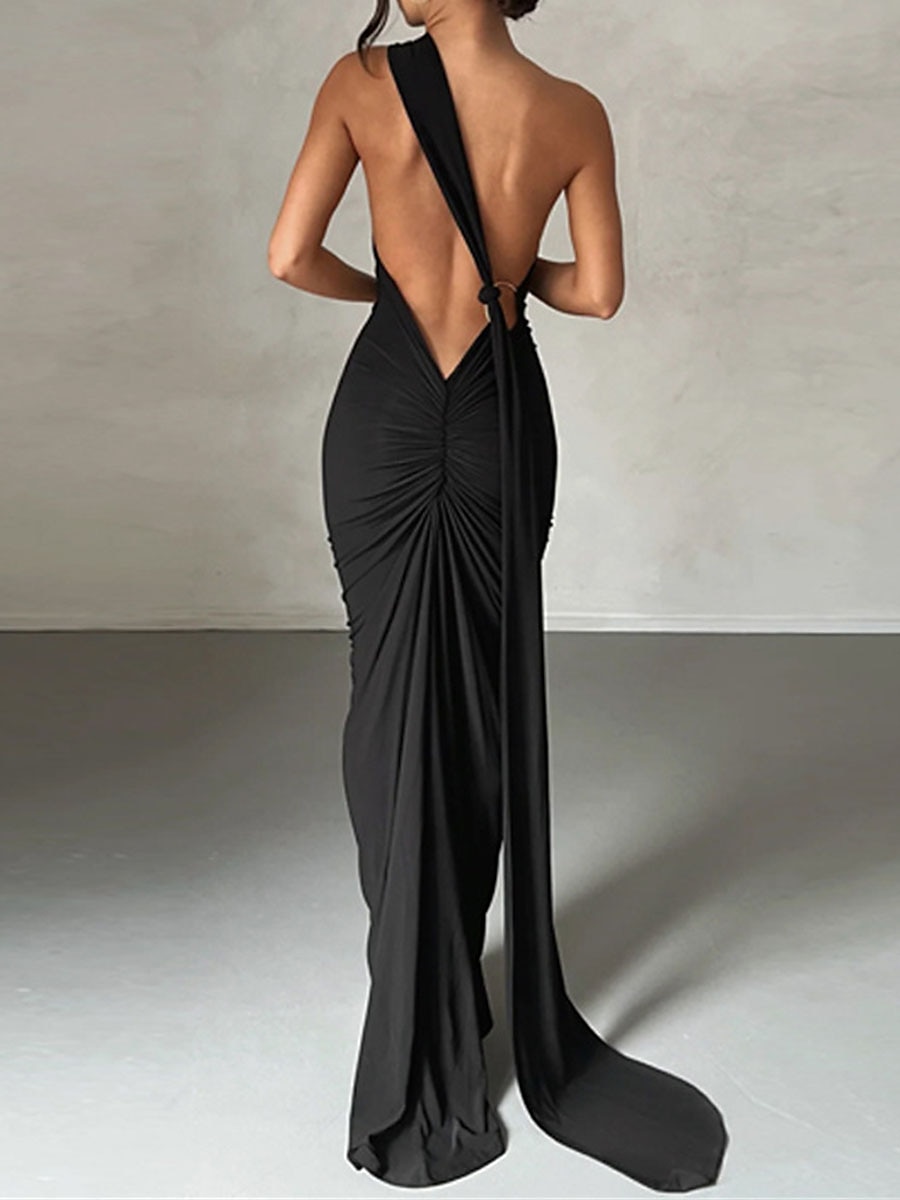 Femme robe blanche robe noire Robe de bal Ruché Dos Nu Une Epaule Sans Manches robe demoiselle d honneur Occasion spéciale Noir Blanche Printemps Hiver de 2025 ? $33.99 –P2