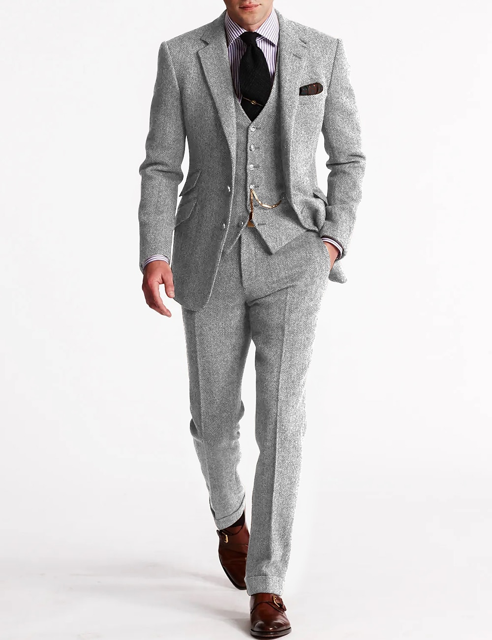 Men's Tweed Herringbone Suits 3 Piece Vintage Retro Plus Size Solid Colored Tailored Fit Single Breasted Two-buttons Brown Burgundy Dark Navy Green Fall/Winter 2025 - GBP £121 –P2