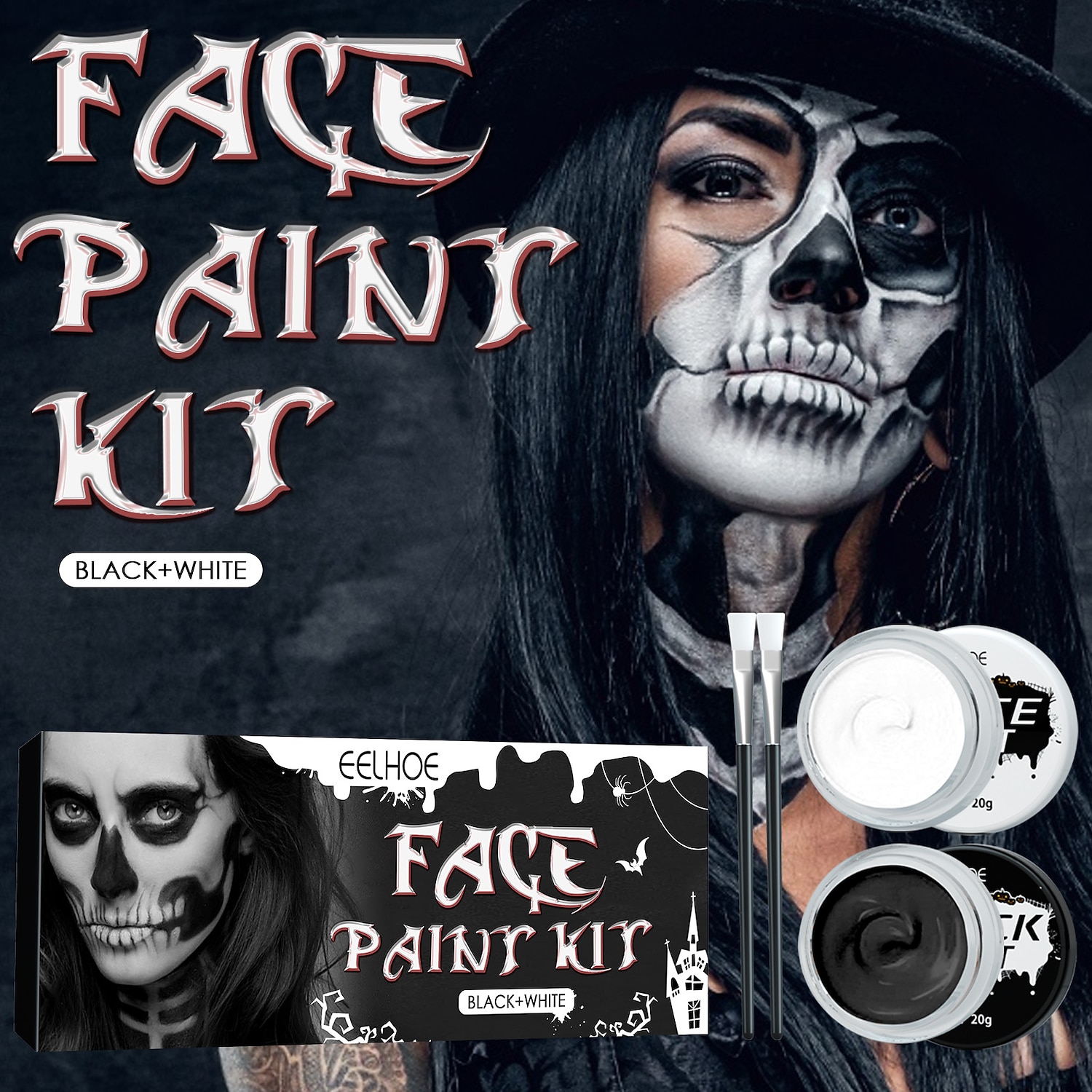 Halloween-Make-up-Set – schwarze, weiße Körperfarbe auf Ölbasis für Erwachsene – perfekt für Joker-, Zombie-, Vampir- und Skelett-Cosplay – langlebig und einfach aufzutragen 2025 - $10.99 –P1