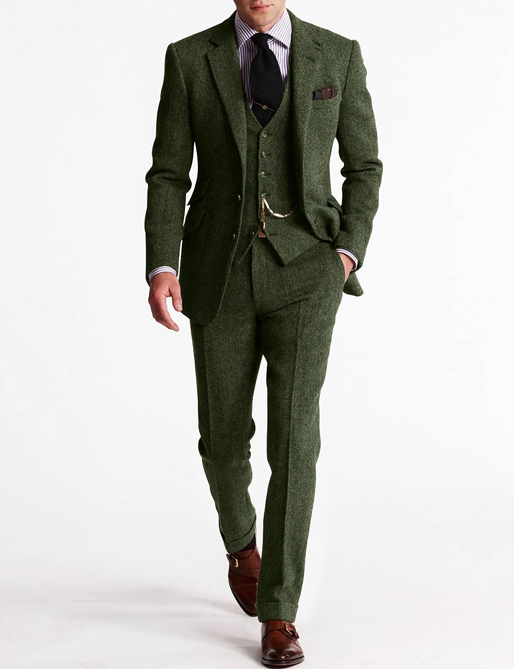 Men's Tweed Herringbone Suits 3 Piece Vintage Retro Plus Size Solid Colored Tailored Fit Single Breasted Two-buttons Brown Burgundy Dark Navy Green Fall/Winter 2025 - GBP £121 –P5