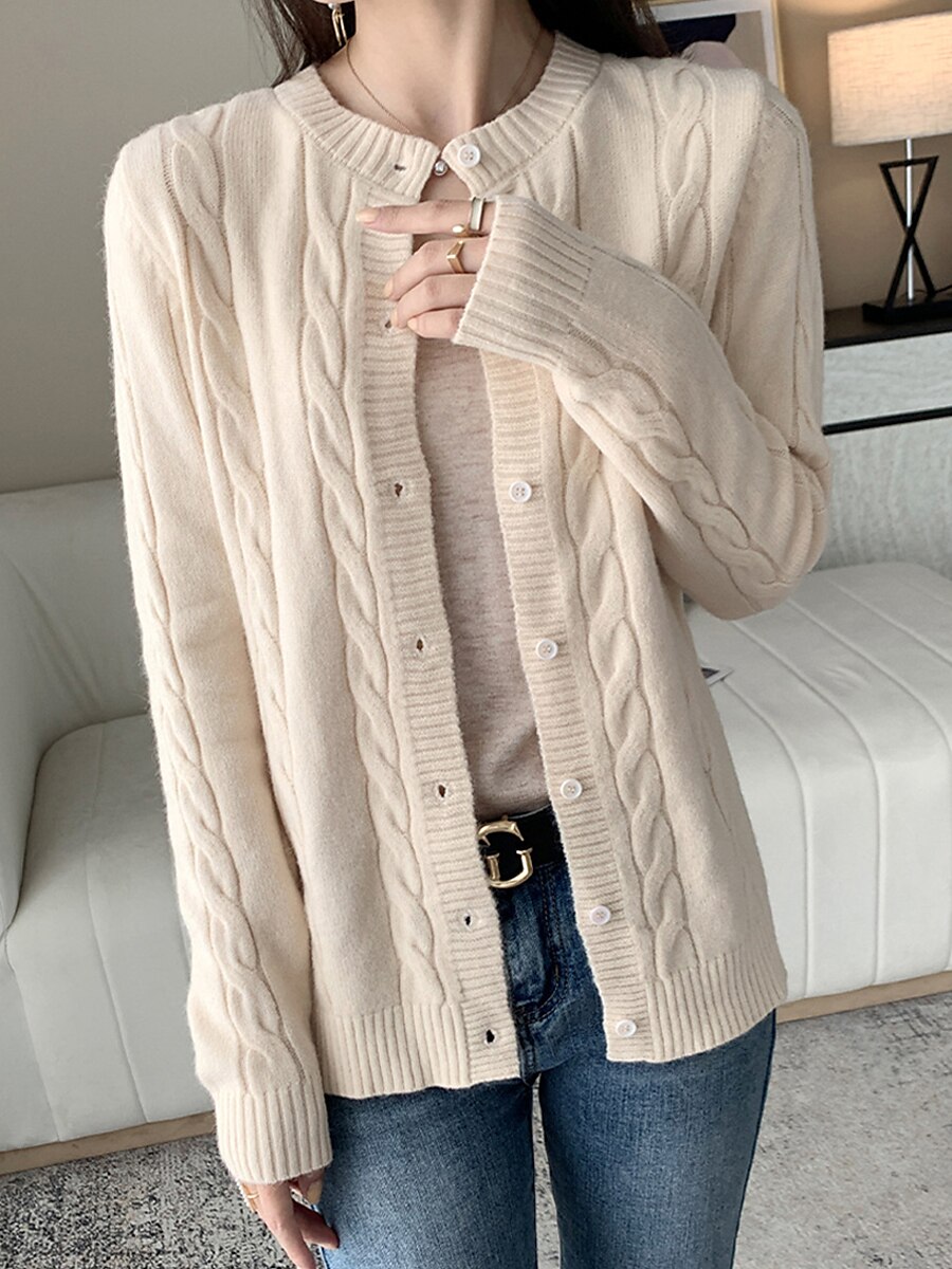 Women's Cardigan Sweater Jacket Crew Neck Cable Knit Polyester Button Knitted Fall Winter Regular Outdoor Daily Going out Fashion Streetwear Casual Long Sleeve Solid Color off white Black Camel S M L 2023 - US $28.99 –P6