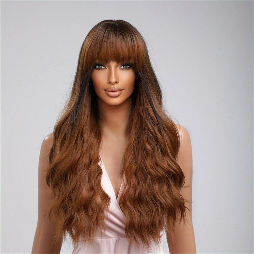 perruque synthétique bouclée perruque bang soignée long brun rose cheveux synthétiques design à la mode pour femmes naturel facile à transporter rose brun perruques de fête de Noël de 2025 ? $21.99 –P7