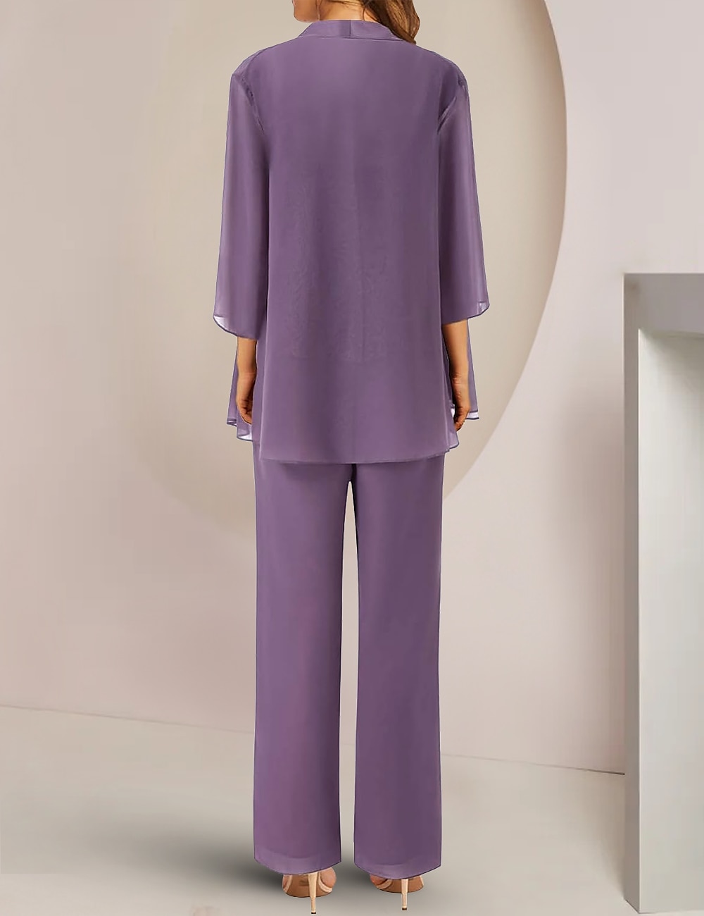 Tuta  abito intero 3 pezzi madre della sposa invitata al matrimonio elegante collo quadrato lunghezza caviglia in chiffon pizzo maniche mezze con applicazioni del 2025 a €187.99 –P2