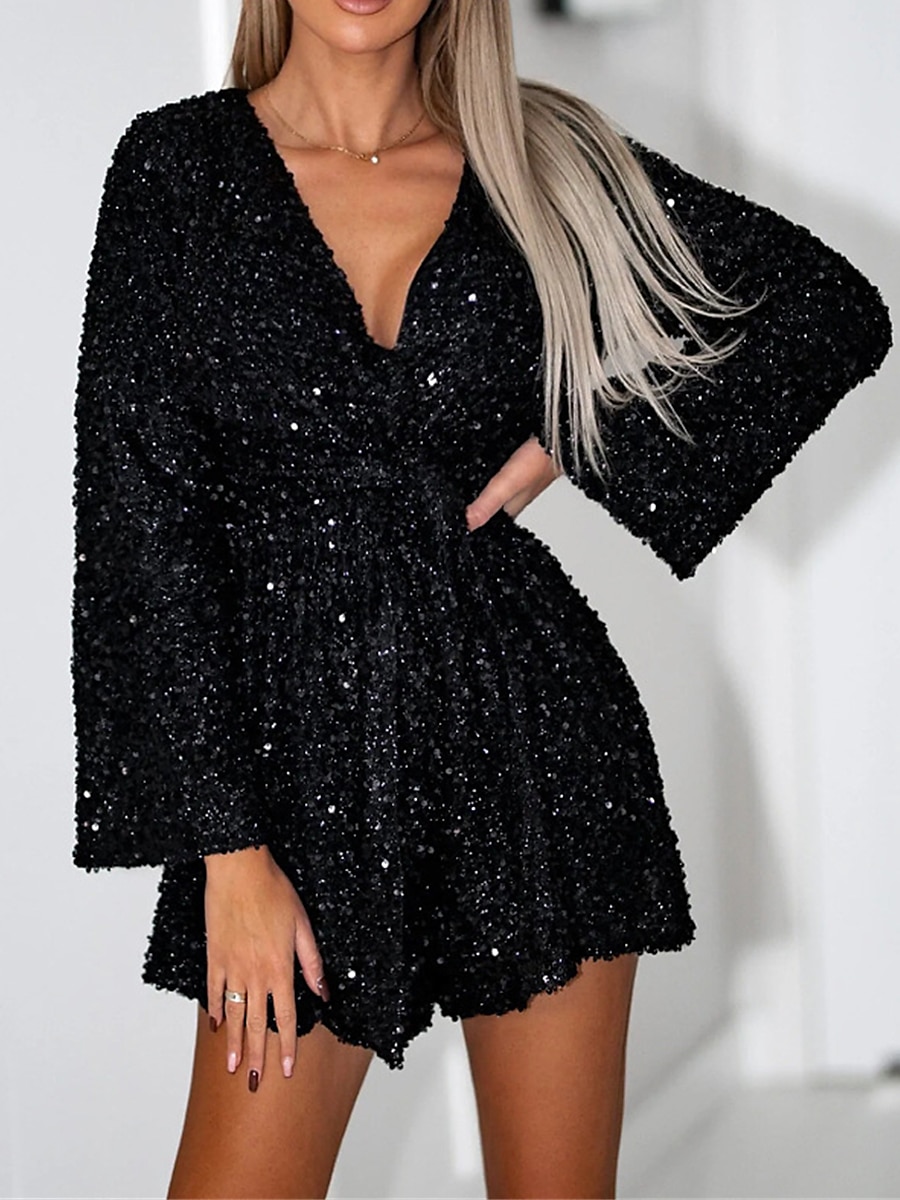 Women's Party Dress Sequin Dress Cocktail Dress Mini Dress Black Dark Green Gray Long Sleeve Pure Color Sequins Spring Fall Winter V Neck Fashion Wedding Guest Birthday Vacation 2023 S M L XL 2023 - US $32.99 –P2