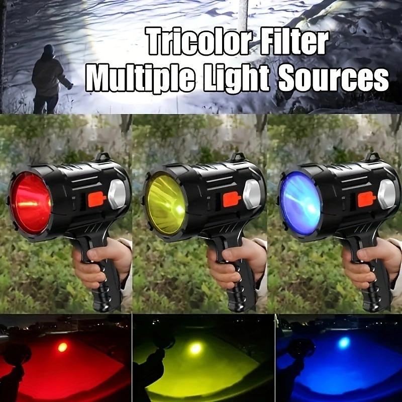 Holofote portátil de 1 unidade, luz de flash forte, tocha doméstica led poderosa, lanterna de pesca à prova d'água ao ar livre, holofote recarregável usb com filtro de lente de 3 cores vermelho azul de 2025 por $24.99 –P4