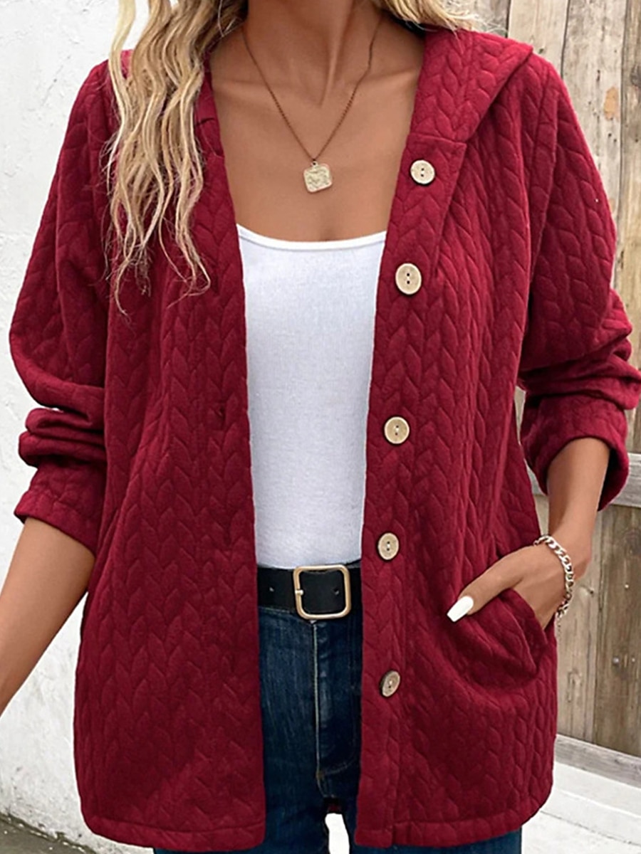 Women's Hoodie Jacket Warm Breathable Outdoor Casual Daily Wear Button Pocket Single Breasted Hoodie Fashion Daily Modern Solid Color Regular Fit Outerwear Long Sleeve Fall Winter Wine S M L XL 2XL 2023 - US $32.99 –P3